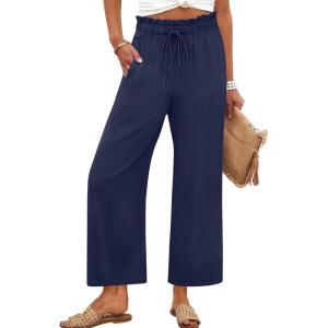 imageANRABESS Women 2025 Summer Casual Flowy Loose High Waist Boho Wide Leg Cropped Palazzo Lounge Beach Vacation Pants TrousersNavy Blue