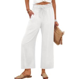 imageANRABESS Women 2025 Summer Casual Flowy Loose High Waist Boho Wide Leg Cropped Palazzo Lounge Beach Vacation Pants TrousersWhite