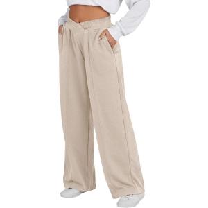 imageANRABESS Women Asymmetric High Waist Wide Straight Leg Sweatpants with Pockets 2024 Fall Trendy Sweat Jogger PantsAlmond