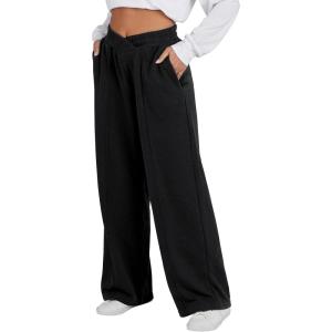 imageANRABESS Women Asymmetric High Waist Wide Straight Leg Sweatpants with Pockets 2024 Fall Trendy Sweat Jogger PantsBlack