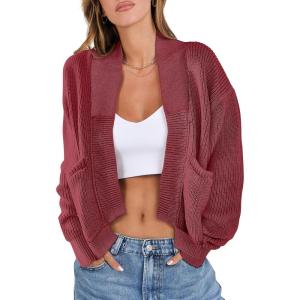 imageANRABESS Women Jackets Sweaters Long Sleeve Open Front Loose Lightweight Knit Cropped Cardigan 2025 Fall Trendy CoatsRed