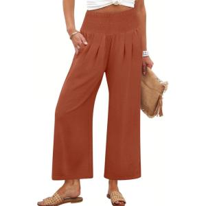 imageANRABESS Womens Pants Wide Leg High Waisted Palazzo Pants Summer Flowy Beach Lounge Casual Trousers with PocketsBrick Red