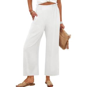 imageANRABESS Womens Wide Leg Palazzo Pants Summer Beach High Waisted Cropped Flowy Pants 2026 Work Casual Trousers with PocketsWhite