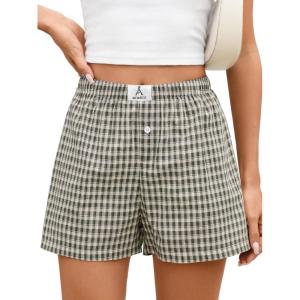 imageANRABESS Boxer Shorts for Women Gingham Pajama 2025 Summer Casual Lounge Sleep Plaid Shorts Y2K Beach BottomsMulti Green Apricot Plaid