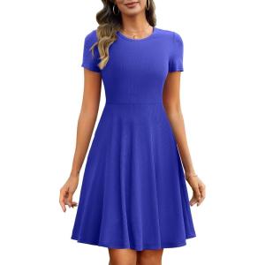 imageANRABESS Women Summer Short Sleeve Ribbed Knit Fit ampamp Flare ALine Flowy Business Casual Work Basic Mini Dress with PocketsBlue