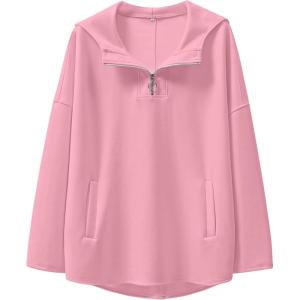 imageANRABESS Womens Oversized Hoodie Quarter Zip Sweatshirts 2025 Fall Winter Tunic Pullover Top Trendy Teen Girls Preppy ClothesLight Pink