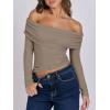 imageANRABESS Long Sleeve Shirt for Women 2025 Fall Off Shoulder Slim Fit Tee Top Sexy Going Out Ruched Blouses Y2K Trendy ClothesDark Khaki