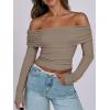 imageANRABESS Long Sleeve Shirt for Women 2025 Fall Off Shoulder Slim Fit Tee Top Sexy Going Out Ruched Blouses Y2K Trendy ClothesDark Khaki