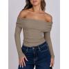 imageANRABESS Long Sleeve Shirt for Women 2025 Fall Off Shoulder Slim Fit Tee Top Sexy Going Out Ruched Blouses Y2K Trendy ClothesDark Khaki