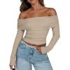 imageANRABESS Long Sleeve Shirt for Women 2025 Fall Off Shoulder Slim Fit Tee Top Sexy Going Out Ruched Blouses Y2K Trendy ClothesKhaki