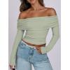 imageANRABESS Long Sleeve Shirt for Women 2025 Fall Off Shoulder Slim Fit Tee Top Sexy Going Out Ruched Blouses Y2K Trendy ClothesLight Green