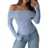 imageANRABESS Long Sleeve Shirt for Women 2025 Fall Off Shoulder Slim Fit Tee Top Sexy Going Out Ruched Blouses Y2K Trendy ClothesGrey Blue