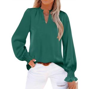 imageANRABESS Blouse for Women Dressy Casual Puff Long Sleeve Shirts V Neck Satin Business Casual Work Tops 2025 Fall OutfitsForest Green