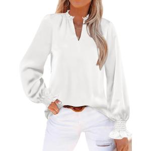 imageANRABESS Blouse for Women Dressy Casual Puff Long Sleeve Shirts V Neck Satin Business Casual Work Tops 2025 Fall OutfitsWhite