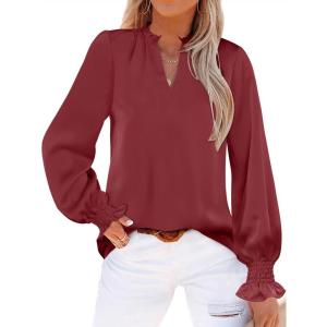 imageANRABESS Blouse for Women Dressy Casual Puff Long Sleeve Shirts V Neck Satin Business Casual Work Tops 2025 Fall OutfitsWine Red