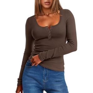 imageANRABESS Long Sleeve Henley Shirts for Women Thermal Fleece Tops Knit Fitted Basic TShirts 2025 Fall Winter Warm UndershirtsDark Brown