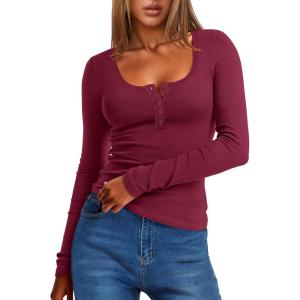 imageANRABESS Long Sleeve Henley Shirts for Women Thermal Fleece Tops Knit Fitted Basic TShirts 2025 Fall Winter Warm UndershirtsDark Red