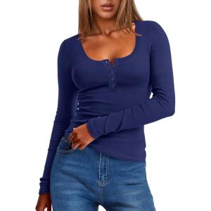 imageANRABESS Long Sleeve Henley Shirts for Women Thermal Fleece Tops Knit Fitted Basic TShirts 2025 Fall Winter Warm UndershirtsNavy Blue