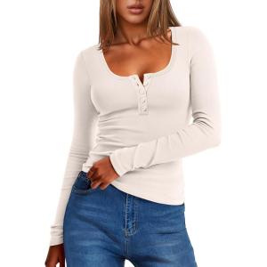 imageANRABESS Long Sleeve Henley Shirts for Women Thermal Fleece Tops Knit Fitted Basic TShirts 2025 Fall Winter Warm UndershirtsParchment