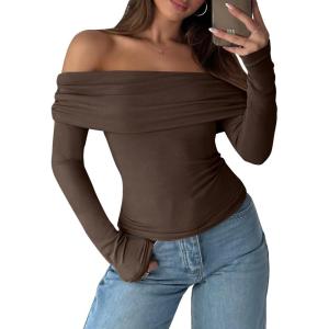 imageANRABESS Long Sleeve Shirt for Women 2025 Fall Off Shoulder Slim Fit Tee Top Sexy Going Out Ruched Blouses Y2K Trendy ClothesBrown