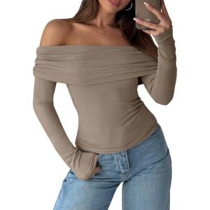 imageANRABESS Long Sleeve Shirt for Women 2025 Fall Off Shoulder Slim Fit Tee Top Sexy Going Out Ruched Blouses Y2K Trendy ClothesDark Khaki