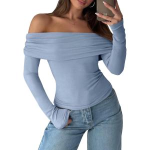 imageANRABESS Long Sleeve Shirt for Women 2025 Fall Off Shoulder Slim Fit Tee Top Sexy Going Out Ruched Blouses Y2K Trendy ClothesGrey Blue