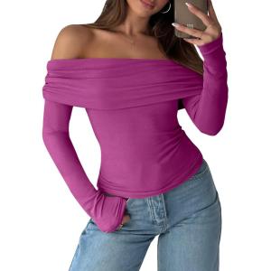 imageANRABESS Long Sleeve Shirt for Women 2025 Fall Off Shoulder Slim Fit Tee Top Sexy Going Out Ruched Blouses Y2K Trendy ClothesHot Pink
