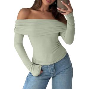 imageANRABESS Long Sleeve Shirt for Women 2025 Fall Off Shoulder Slim Fit Tee Top Sexy Going Out Ruched Blouses Y2K Trendy ClothesLight Green