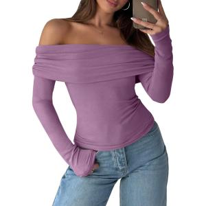 imageANRABESS Long Sleeve Shirt for Women 2025 Fall Off Shoulder Slim Fit Tee Top Sexy Going Out Ruched Blouses Y2K Trendy ClothesPurple