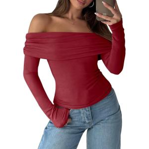 imageANRABESS Long Sleeve Shirt for Women 2025 Fall Off Shoulder Slim Fit Tee Top Sexy Going Out Ruched Blouses Y2K Trendy ClothesRed