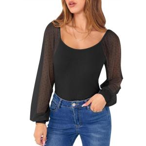 imageANRABESS Women Mesh Long Sleeve Shirts Dressy Casual Blouses Square Neck Ribbed Slim Tops Going Out Date Night Fall OutfitsBlack