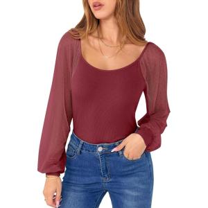 imageANRABESS Women Mesh Long Sleeve Shirts Dressy Casual Blouses Square Neck Ribbed Slim Tops Going Out Date Night Fall OutfitsDeep Red