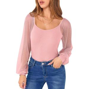 imageANRABESS Women Mesh Long Sleeve Shirts Dressy Casual Blouses Square Neck Ribbed Slim Tops Going Out Date Night Fall OutfitsPink