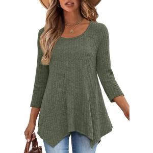 imageANRABESS Womens 34 Sleeve Flowy Tunic Tops Crew Neck Ribbed Loose Fit Side Slit Shirts Casual Blouses 2025 Fall ClothesDeep Green