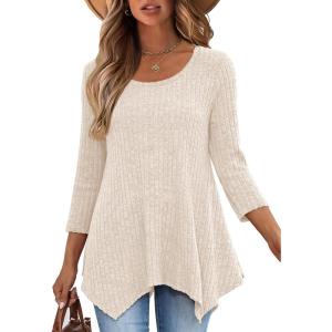 imageANRABESS Womens 34 Sleeve Flowy Tunic Tops Crew Neck Ribbed Loose Fit Side Slit Shirts Casual Blouses 2025 Fall ClothesYellow Beige