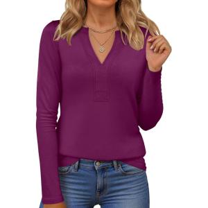 imageANRABESS Womens Long Sleeve Shirts V Neck Dressy Casual Blouse Lightweight Tunic Tops 2025 Fall Outfits Trendy ClothesDeep Purple