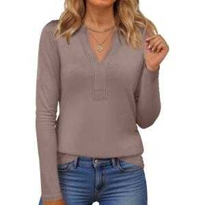 imageANRABESS Womens Long Sleeve Shirts V Neck Dressy Casual Blouse Lightweight Tunic Tops 2025 Fall Outfits Trendy ClothesLight Brown