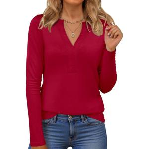 imageANRABESS Womens Long Sleeve Shirts V Neck Dressy Casual Blouse Lightweight Tunic Tops 2025 Fall Outfits Trendy ClothesRed