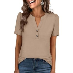 imageANRABESS Womens Short Sleeve Henley V Neck Shirts Dressy Casual 2026 Trendy Tops Business Button Up Blouses Cute Work ClothesLight Brown