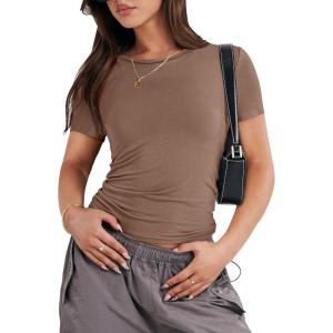 imageANRABESS Womens Short Sleeve Summer T Shirts Crew Neck Slim Fit Basic Tees 2025 Crop Tops Y2k Clothes OutfitsBrown
