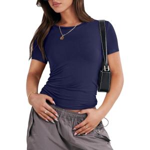imageANRABESS Womens Short Sleeve Summer T Shirts Crew Neck Slim Fit Basic Tees 2025 Crop Tops Y2k Clothes OutfitsDark Blue