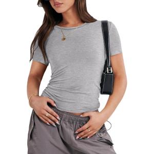 imageANRABESS Womens Short Sleeve Summer T Shirts Crew Neck Slim Fit Basic Tees 2025 Crop Tops Y2k Clothes OutfitsGrey