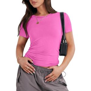 imageANRABESS Womens Short Sleeve Summer T Shirts Crew Neck Slim Fit Basic Tees 2025 Crop Tops Y2k Clothes OutfitsHot Pink
