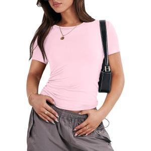 imageANRABESS Womens Short Sleeve Summer T Shirts Crew Neck Slim Fit Basic Tees 2025 Crop Tops Y2k Clothes OutfitsLight Pink