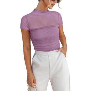 imageANRABESS Womens Summer Sexy Mock Turtle Neck Short Sleeve Tops Sheer Mesh Shirts Slim Blouse Trendy Ruched Going Out OutfitsGray Purple