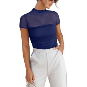 imageANRABESS Womens Summer Sexy Mock Turtle Neck Short Sleeve Tops Sheer Mesh Shirts Slim Blouse Trendy Ruched Going Out OutfitsNavy Blue