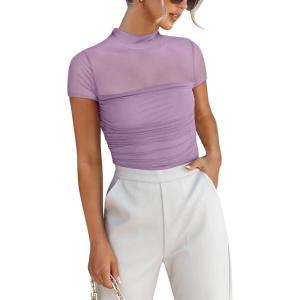 imageANRABESS Womens Summer Sexy Mock Turtle Neck Short Sleeve Tops Sheer Mesh Shirts Slim Blouse Trendy Ruched Going Out OutfitsPurple