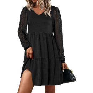 imageANRABESS Dresses for Women Casual Lace Long Sleeve V Neck Tiered Swing Flowy Loose Aline Mini Short 2025 Fall Vacation DressBlack
