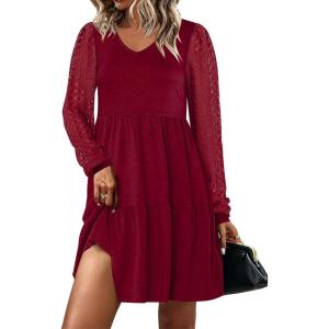 imageANRABESS Dresses for Women Casual Lace Long Sleeve V Neck Tiered Swing Flowy Loose Aline Mini Short 2025 Fall Vacation DressBurgundy
