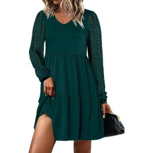 imageANRABESS Dresses for Women Casual Lace Long Sleeve V Neck Tiered Swing Flowy Loose Aline Mini Short 2025 Fall Vacation DressDeep Green